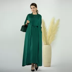 2 Pieces Set Cotton Blended Open Abaya Dress Set, With Outer Abaya And Inner Sleeveless Dress