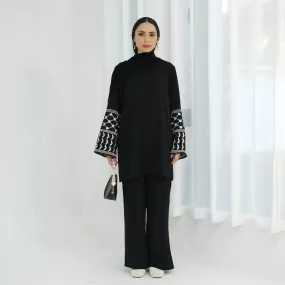 2 Pieces Set Keffiyeh Embroidery Sleeve Wrinkle Pant Suit With Tops