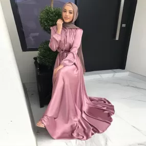 8 Colors Option Muslim Women Satin Abaya Dress