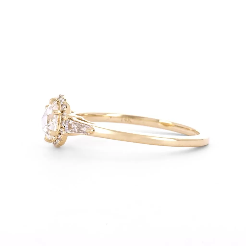 0.50ctw Rose Cut Three-Stone Diamond Engagement Ring, Halo, Tapered Baguettes - 14K Yellow Gold