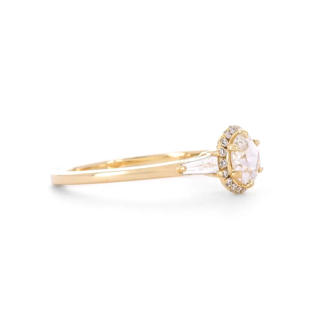 0.50ctw Rose Cut Three-Stone Diamond Engagement Ring, Halo, Tapered Baguettes - 14K Yellow Gold