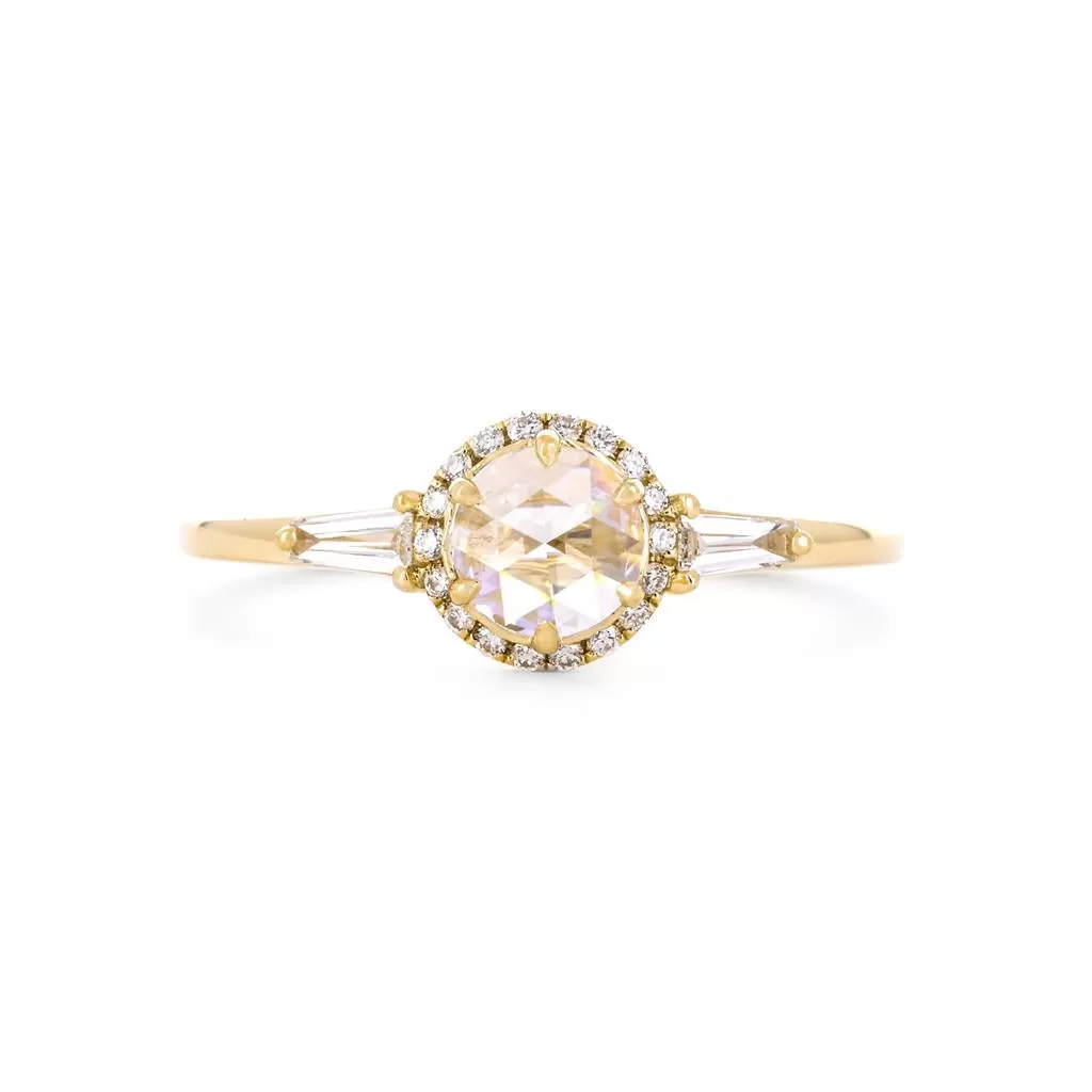 0.50ctw Rose Cut Three-Stone Diamond Engagement Ring, Halo, Tapered Baguettes - 14K Yellow Gold