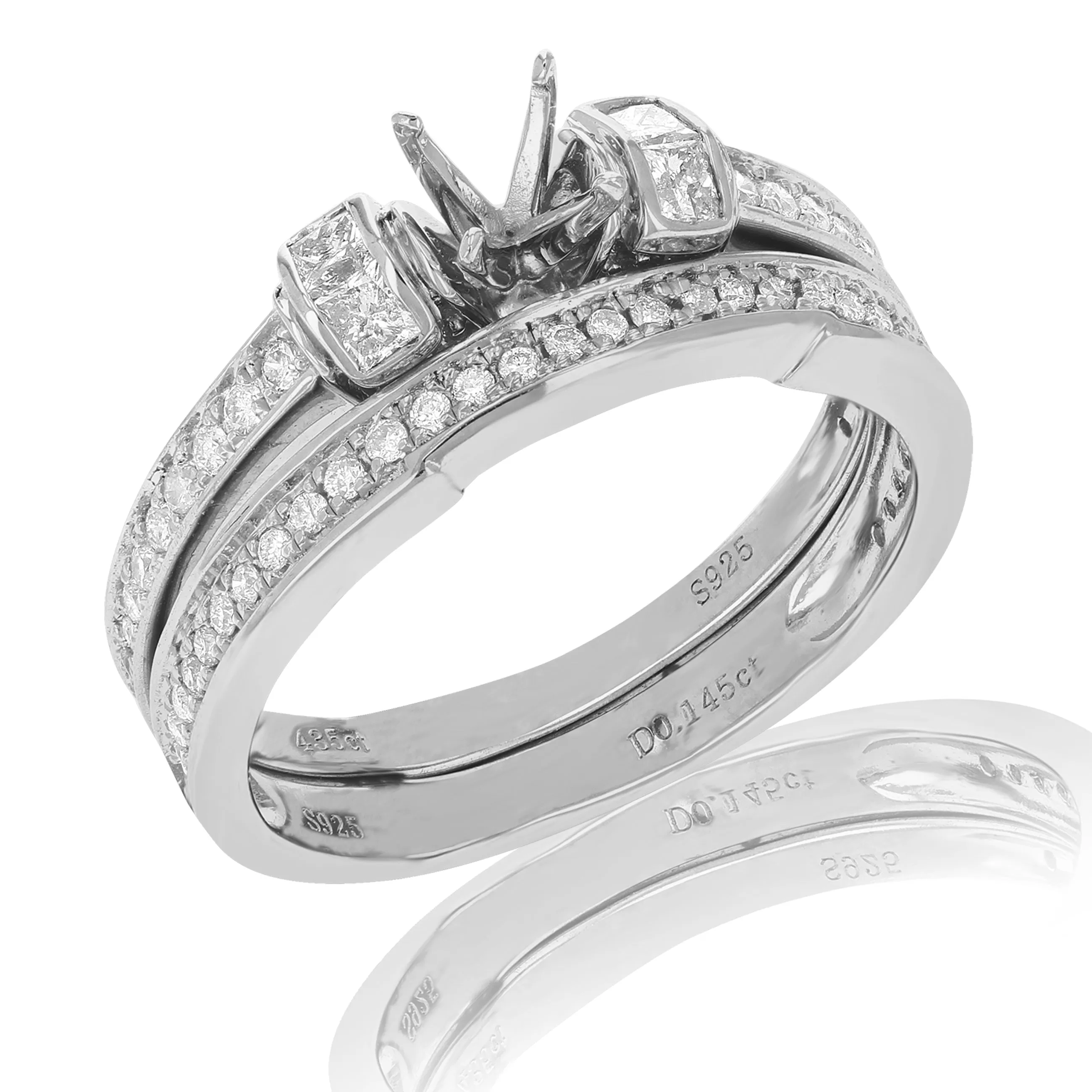 0.60 cttw Diamond Semi Mount Bridal Set .925 Sterling Silver Wedding