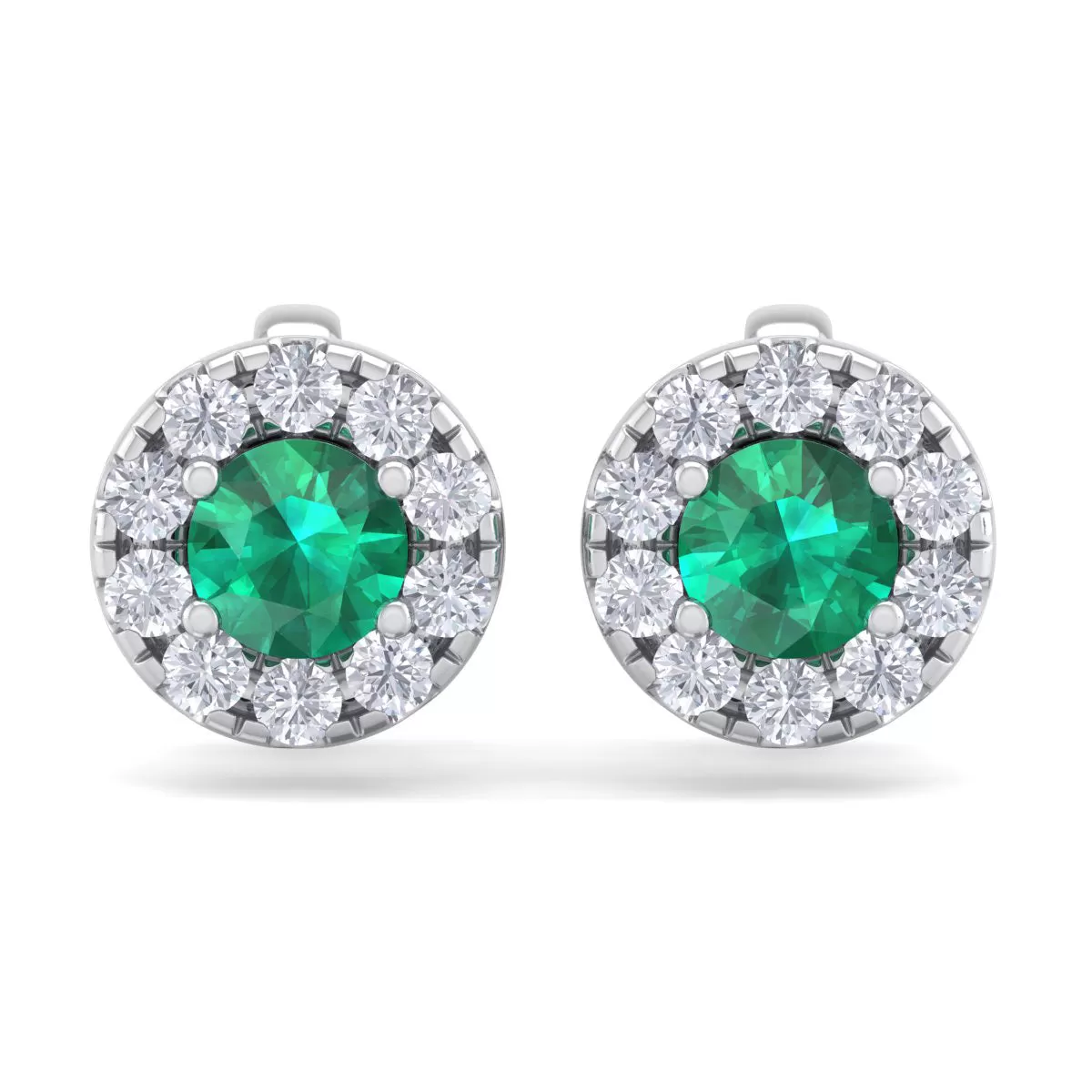 1 1/2 Carat Emerald And Diamond Halo Stud Earrings In 14 Karat White Gold