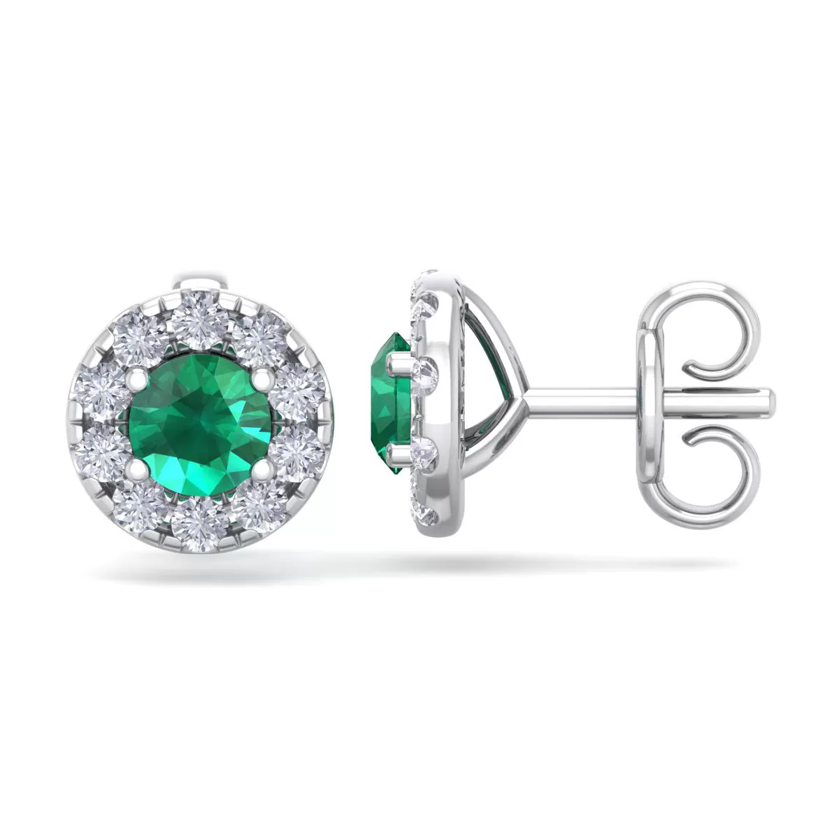 1 1/2 Carat Emerald And Diamond Halo Stud Earrings In 14 Karat White Gold