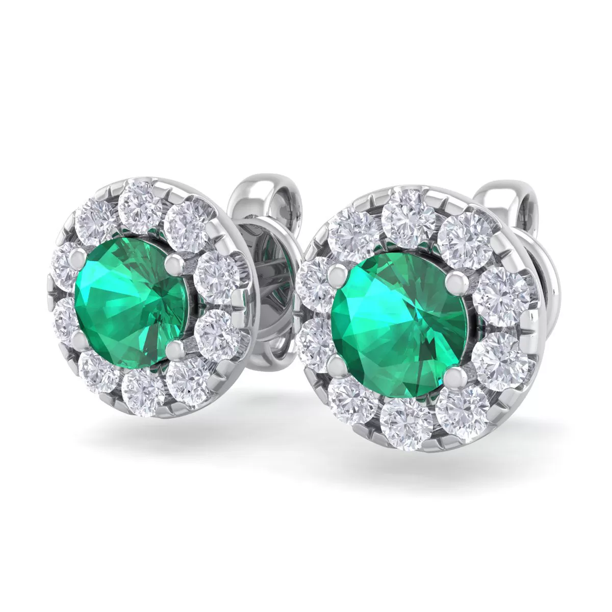 1 1/2 Carat Emerald And Diamond Halo Stud Earrings In 14 Karat White Gold