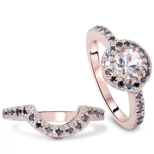 1 1/2ct Morganite & Black Diamond Halo Engagement Ring Set 14K Rose Gold