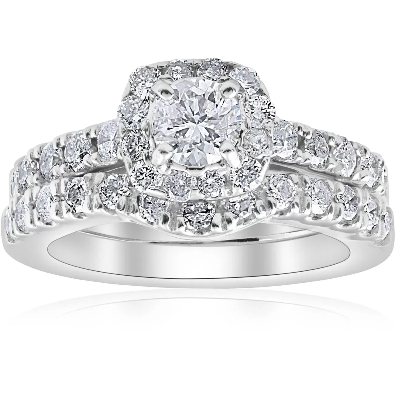 1 1/4ct Cushion Halo Diamond Engagement Matching Wedding Ring Set 14K White Gold