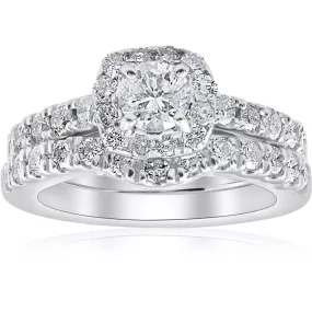 1 1/4ct Cushion Halo Diamond Engagement Matching Wedding Ring Set 14K White Gold