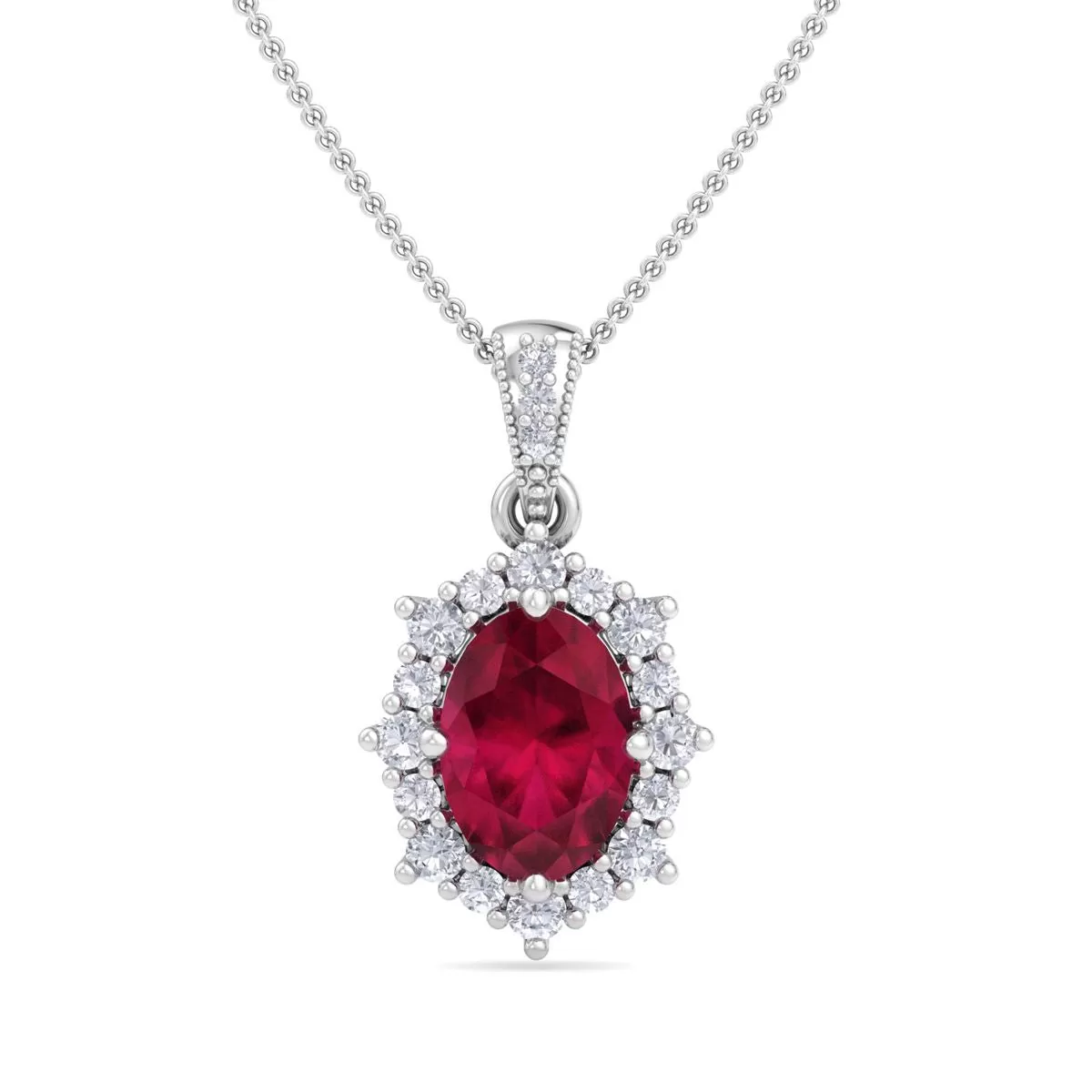 1 3/4 Carat Oval Shape Ruby And Diamond Necklace In 14K White Gold