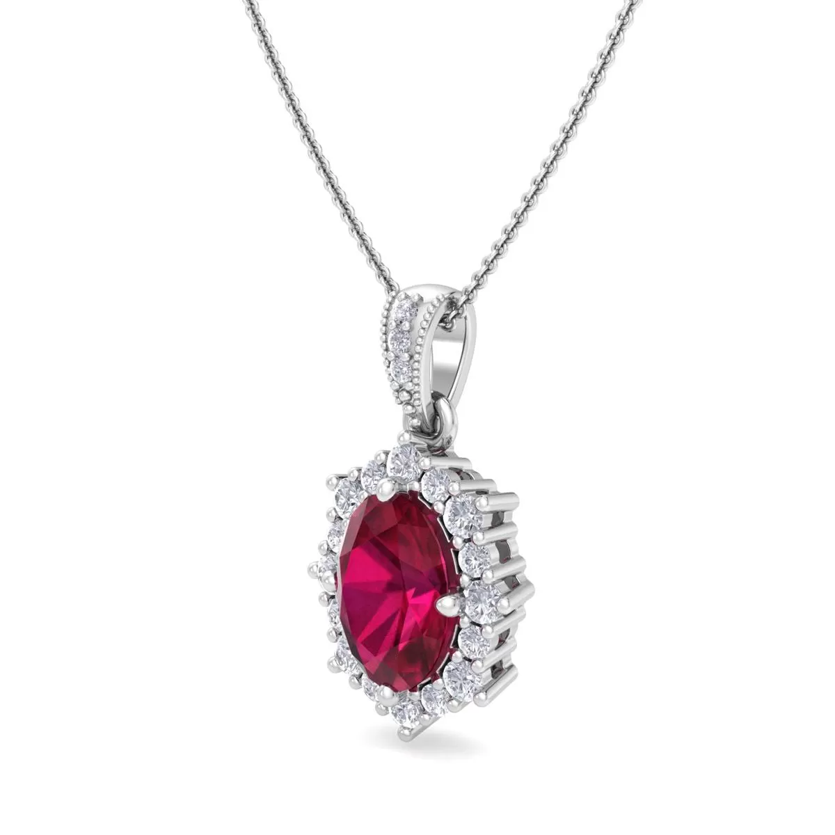 1 3/4 Carat Oval Shape Ruby And Diamond Necklace In 14K White Gold