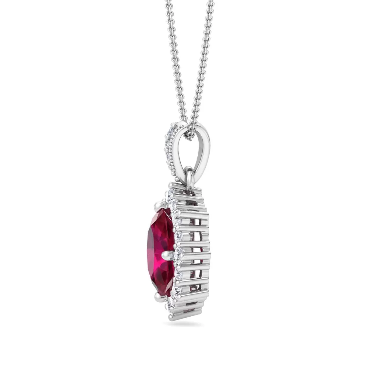 1 3/4 Carat Oval Shape Ruby And Diamond Necklace In 14K White Gold