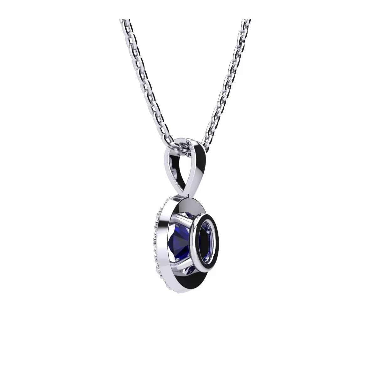 1 Carat Oval Shape Sapphire And Halo Diamond Necklace In Sterling Silver With 18 Inch Chain