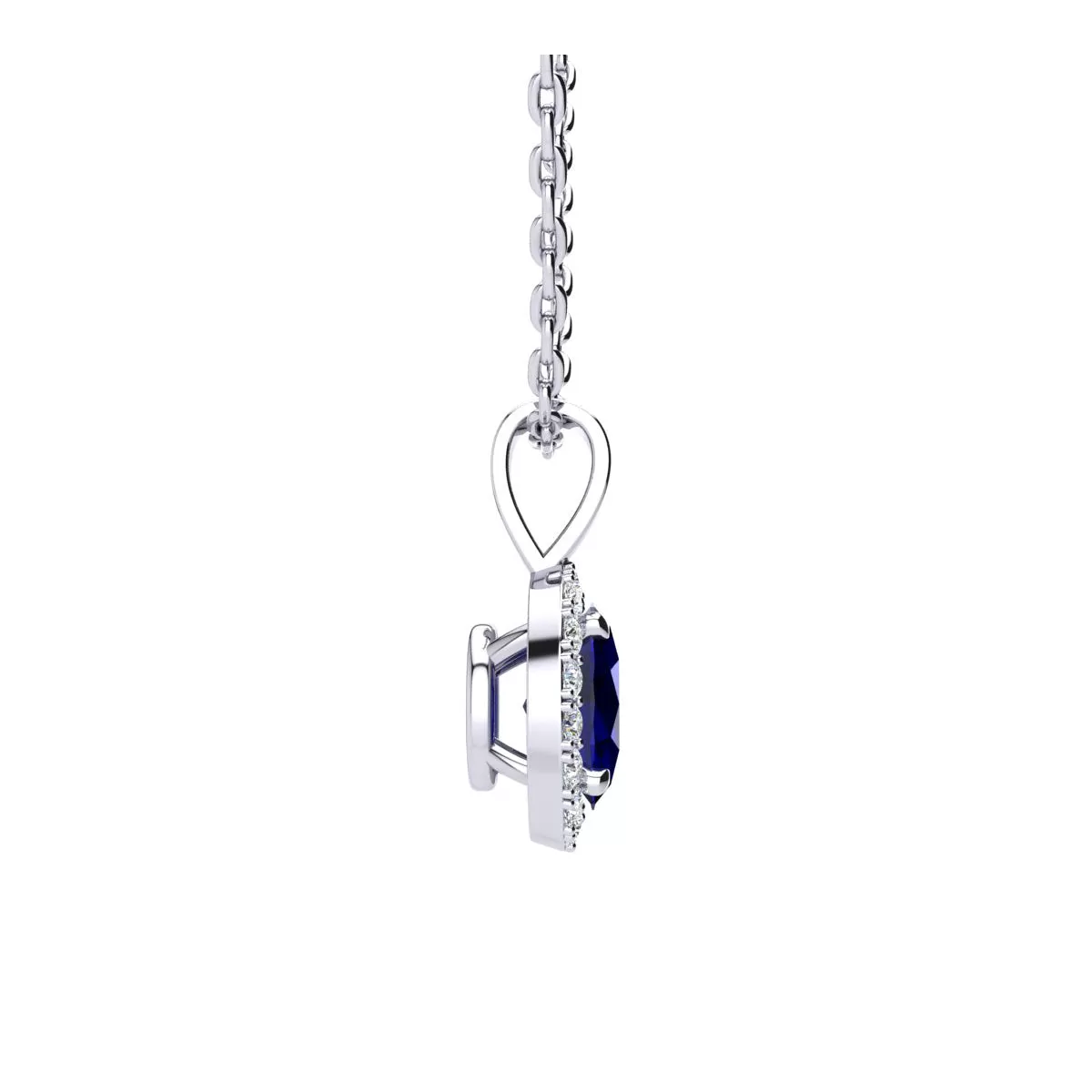 1 Carat Oval Shape Sapphire And Halo Diamond Necklace In Sterling Silver With 18 Inch Chain