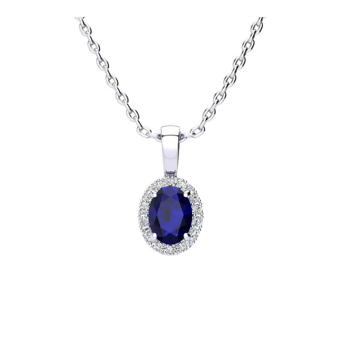 1 Carat Oval Shape Sapphire And Halo Diamond Necklace In Sterling Silver With 18 Inch Chain