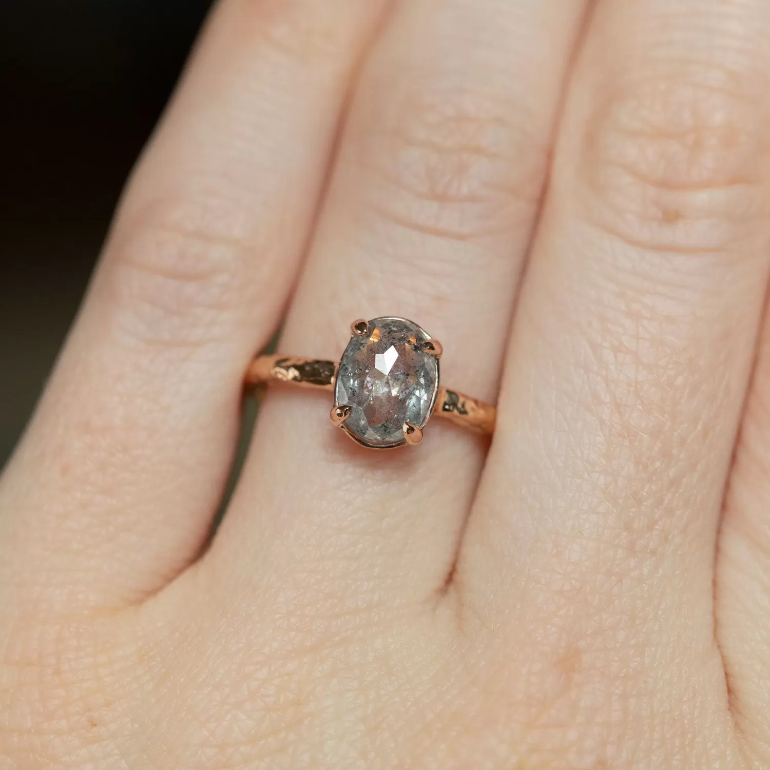 1.28ct Rosecut Oval Salt and Pepper Diamond Low Profile Evergreen Solitaire in 14k Rose Gold