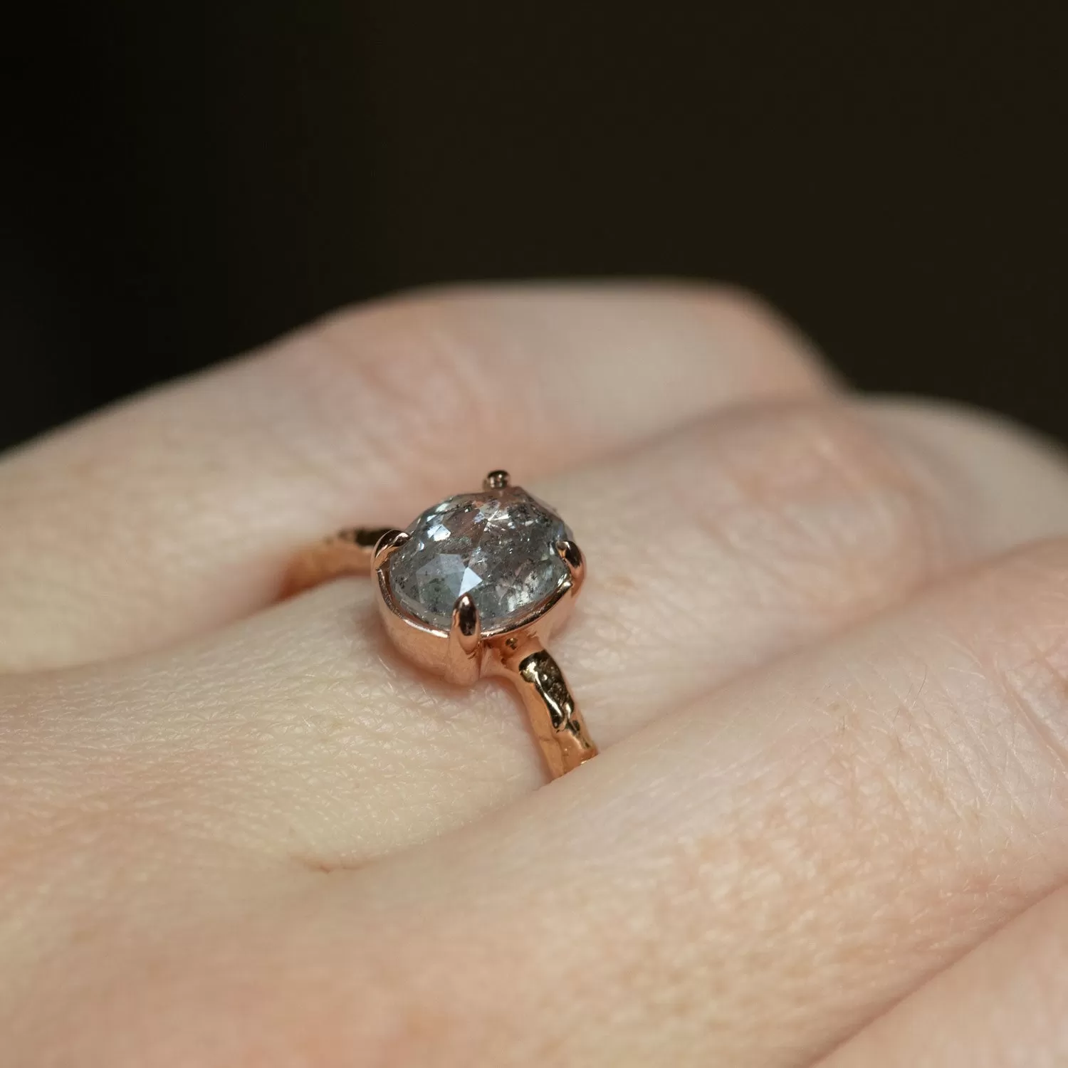 1.28ct Rosecut Oval Salt and Pepper Diamond Low Profile Evergreen Solitaire in 14k Rose Gold