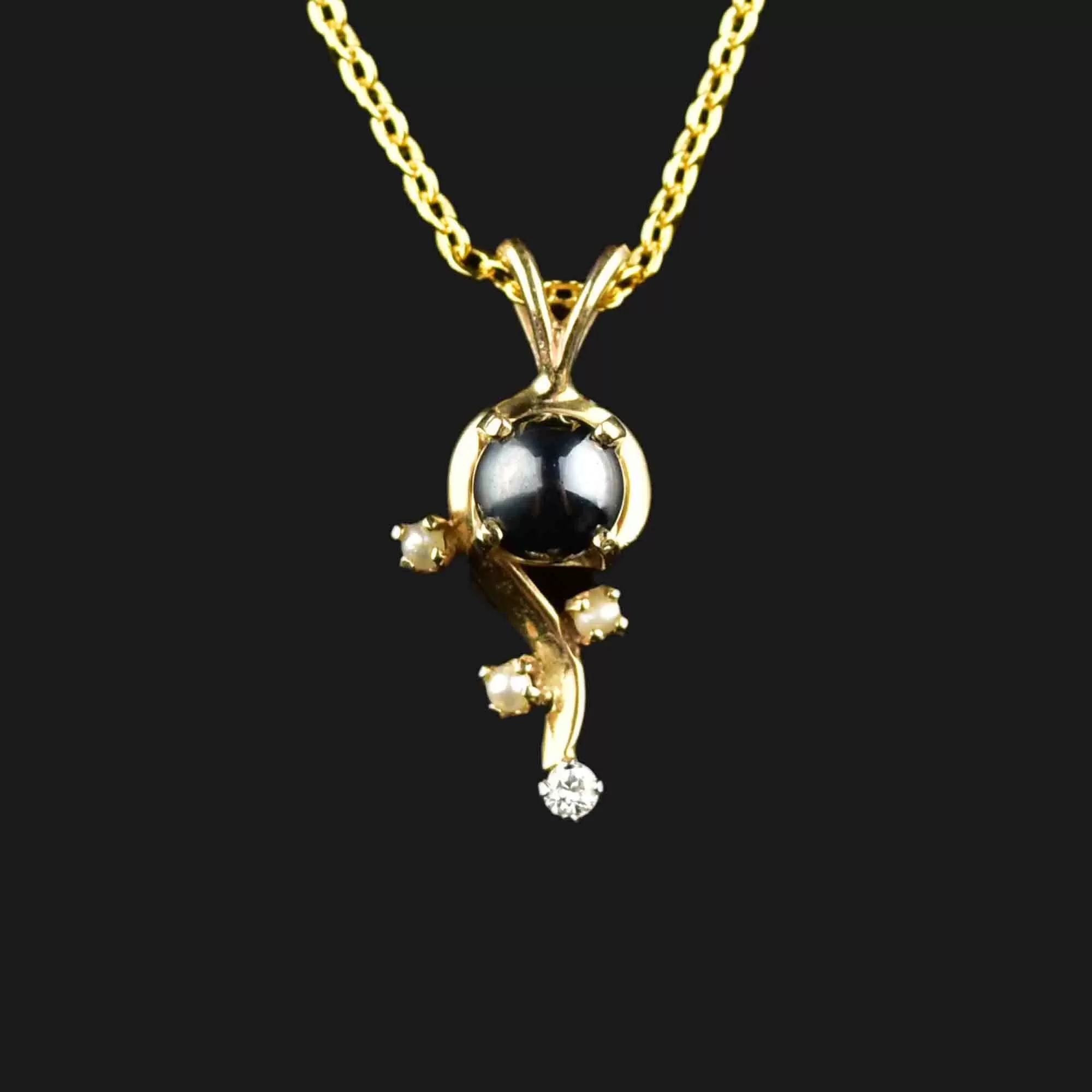 14K Gold Diamond Hematite Pearl Pendant Necklace