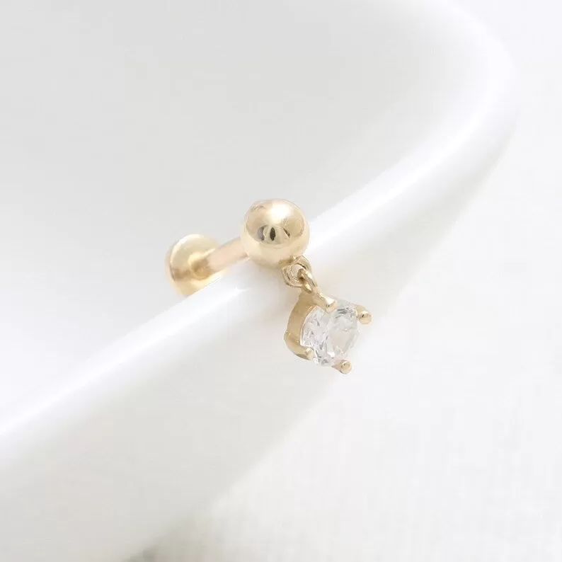 14K Real Gold CZ, Moissanite or Diamond Dangling  Helix Cartilage Tragus Inner Conch Internally Threaded Flat Back Earring Labret