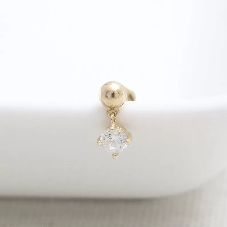 14K Real Gold CZ, Moissanite or Diamond Dangling  Helix Cartilage Tragus Inner Conch Internally Threaded Flat Back Earring Labret