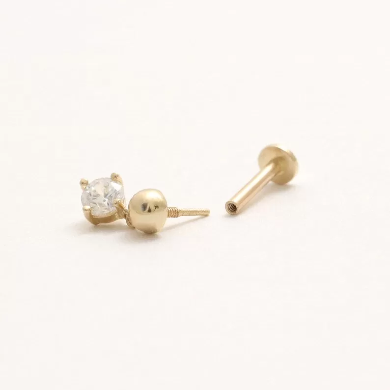 14K Real Gold CZ, Moissanite or Diamond Dangling  Helix Cartilage Tragus Inner Conch Internally Threaded Flat Back Earring Labret