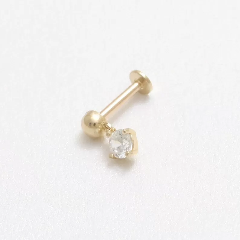 14K Real Gold CZ, Moissanite or Diamond Dangling  Helix Cartilage Tragus Inner Conch Internally Threaded Flat Back Earring Labret