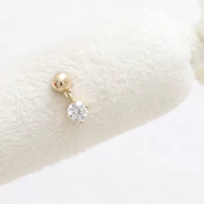 14K Real Gold CZ, Moissanite or Diamond Dangling  Helix Cartilage Tragus Inner Conch Internally Threaded Flat Back Earring Labret