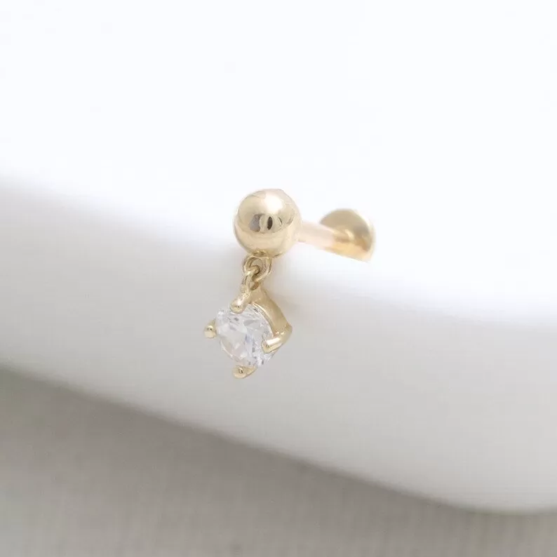 14K Real Gold CZ, Moissanite or Diamond Dangling  Helix Cartilage Tragus Inner Conch Internally Threaded Flat Back Earring Labret