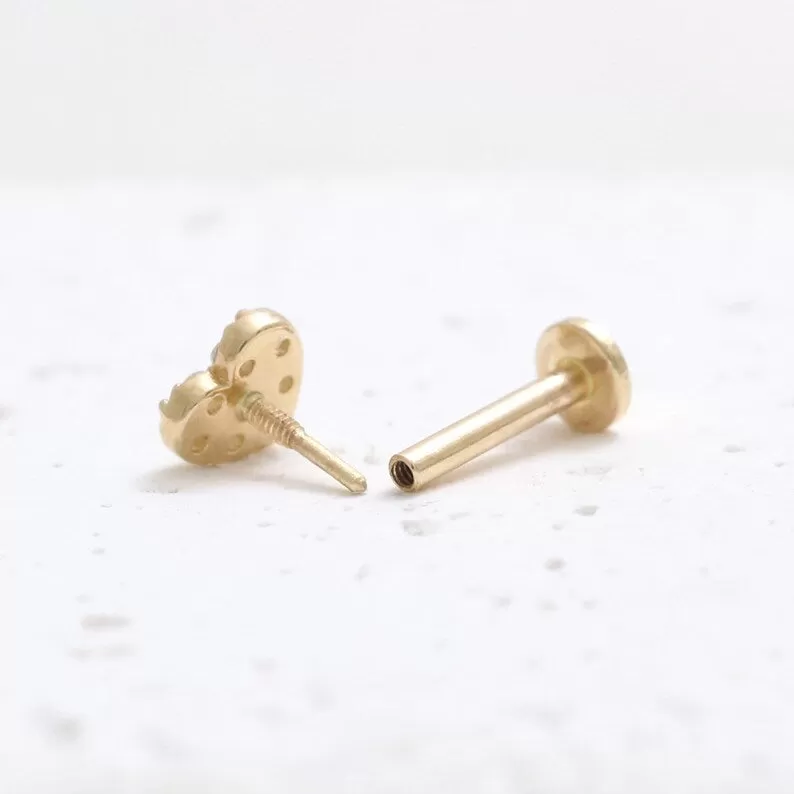 14K Real Gold CZ or Moissanite Genuine Diamond Heart Helix Cartilage Tragus Inner Conch Internally Threaded Flat Back Earring Labret