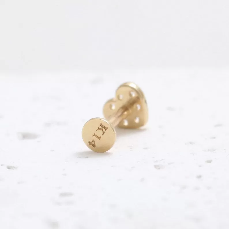 14K Real Gold CZ or Moissanite Genuine Diamond Heart Helix Cartilage Tragus Inner Conch Internally Threaded Flat Back Earring Labret