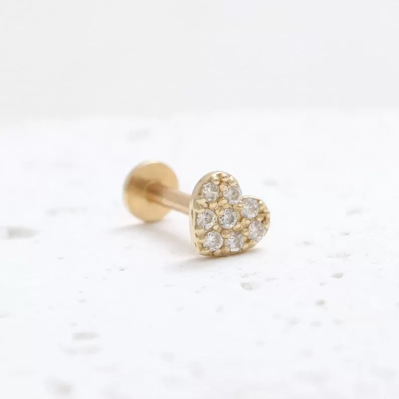 14K Real Gold CZ or Moissanite Genuine Diamond Heart Helix Cartilage Tragus Inner Conch Internally Threaded Flat Back Earring Labret