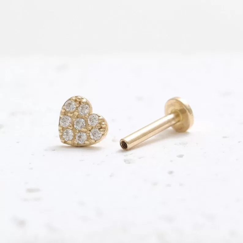 14K Real Gold CZ or Moissanite Genuine Diamond Heart Helix Cartilage Tragus Inner Conch Internally Threaded Flat Back Earring Labret