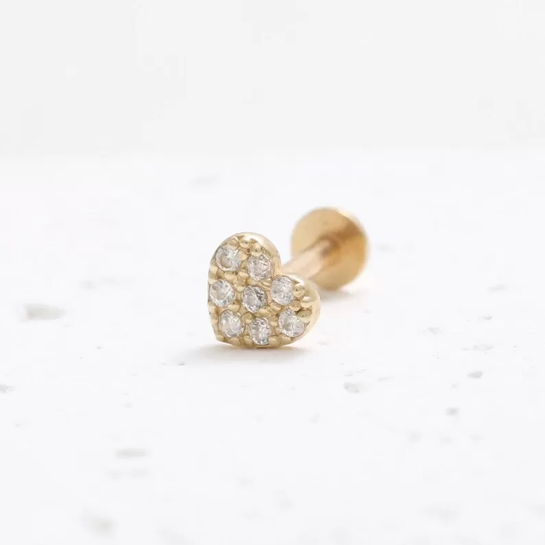 14K Real Gold CZ or Moissanite Genuine Diamond Heart Helix Cartilage Tragus Inner Conch Internally Threaded Flat Back Earring Labret