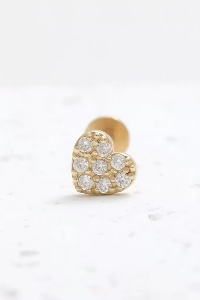 14K Real Gold CZ or Moissanite Genuine Diamond Heart Helix Cartilage Tragus Inner Conch Internally Threaded Flat Back Earring Labret