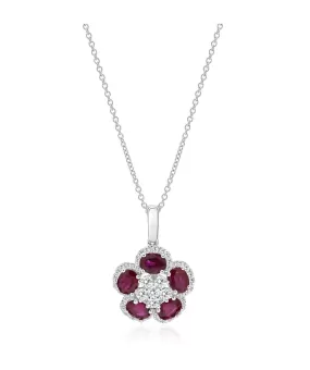 14K White Gold Ruby and Diamond Flower Pendant