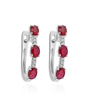 14K White Gold Ruby and Diamond Hoops