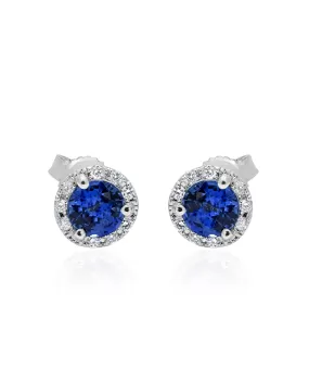 14K White Gold Sapphire and Diamond Halo Stud Earrings