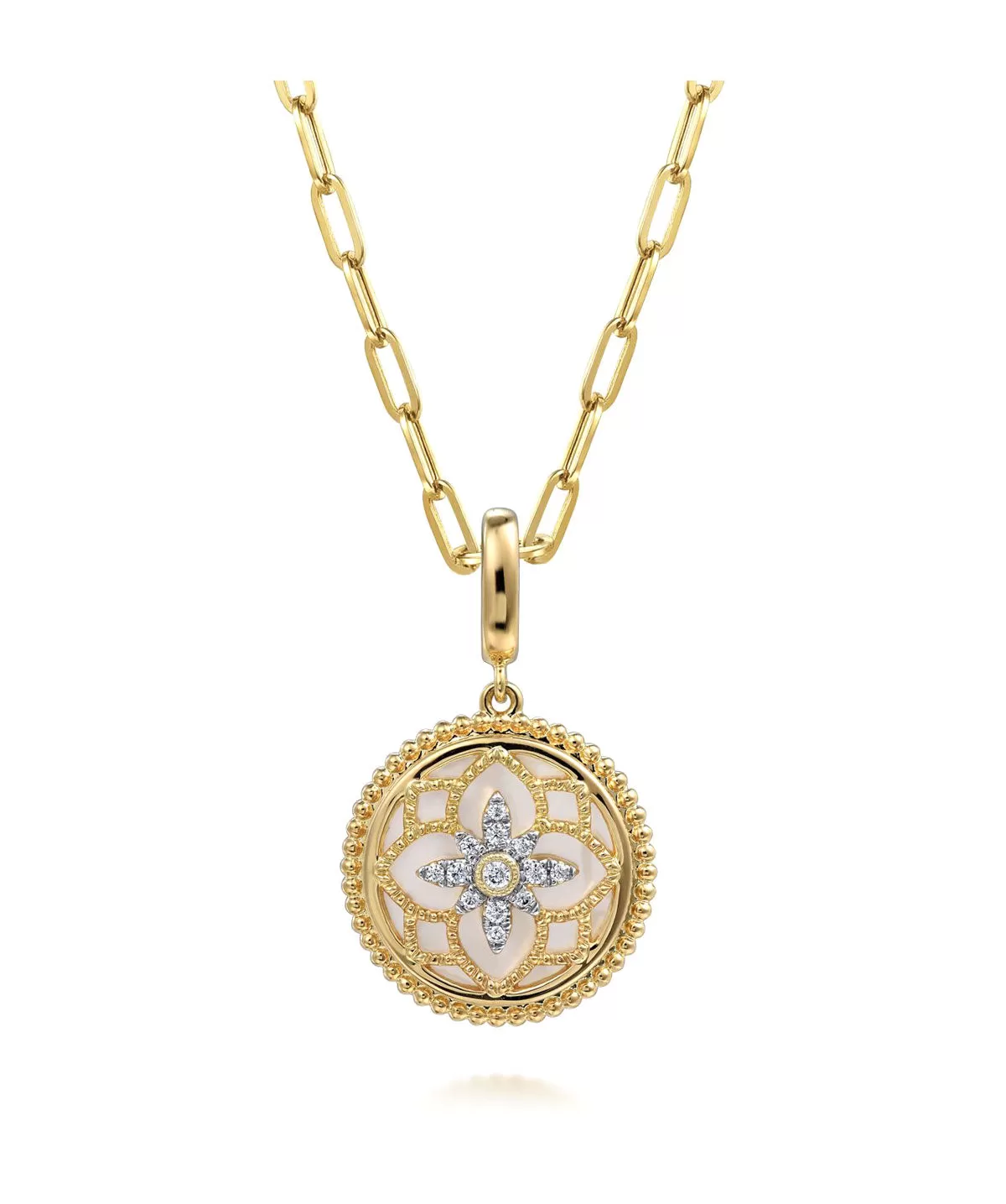 14K Yellow Gold Bujukan Diamond and Mother of Pearl Medallion Pendant