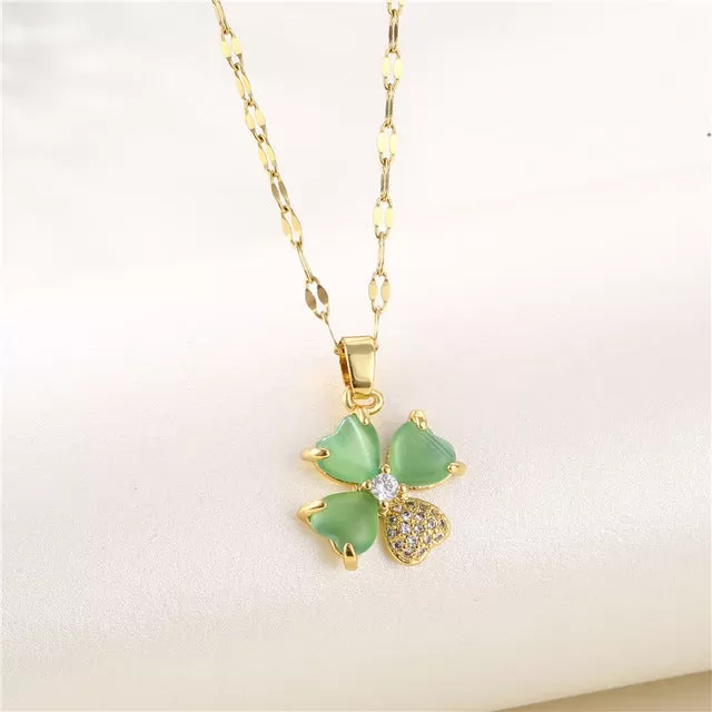 18K Gold Plated Necklaces Mint Green Lucky Flower Pendant