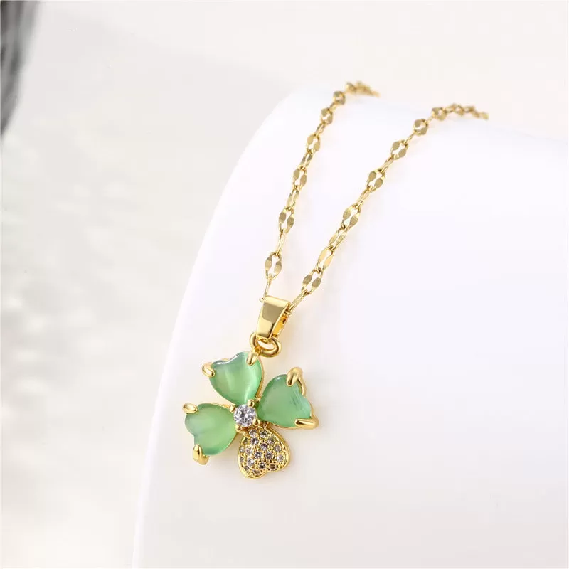 18K Gold Plated Necklaces Mint Green Lucky Flower Pendant