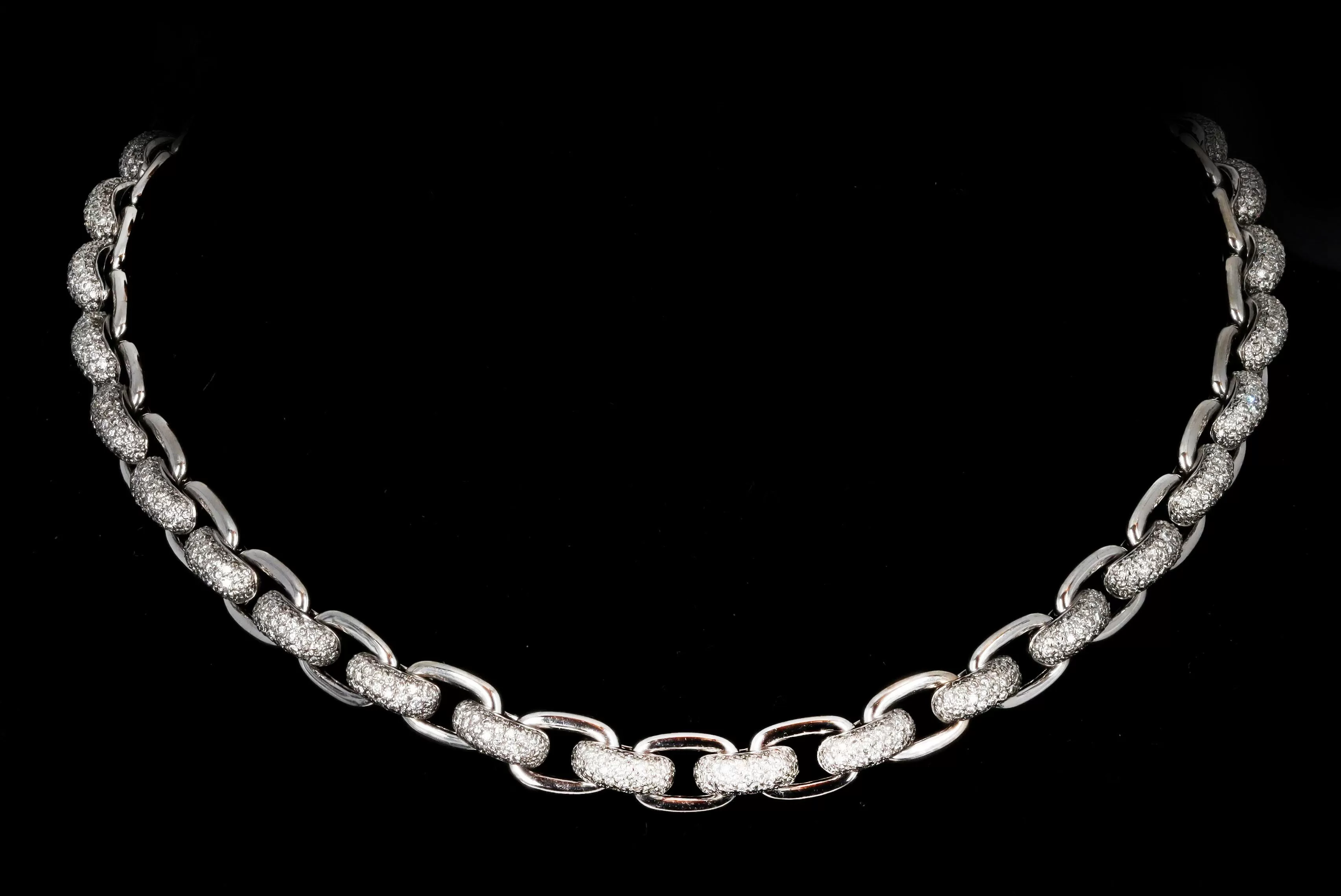 18K White Gold 10 Carat Total Weight Round Brilliant Diamond Pave Link Chain Necklace