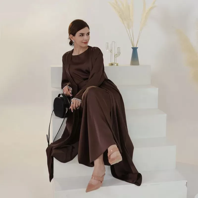 2 Pieces Set Beads Sleeve Satin Open Abaya Dress Set With Inner Sleeveless Dress