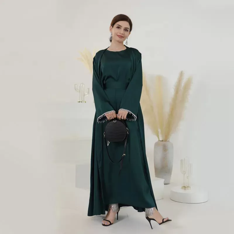 2 Pieces Set Beads Sleeve Satin Open Abaya Dress Set With Inner Sleeveless Dress