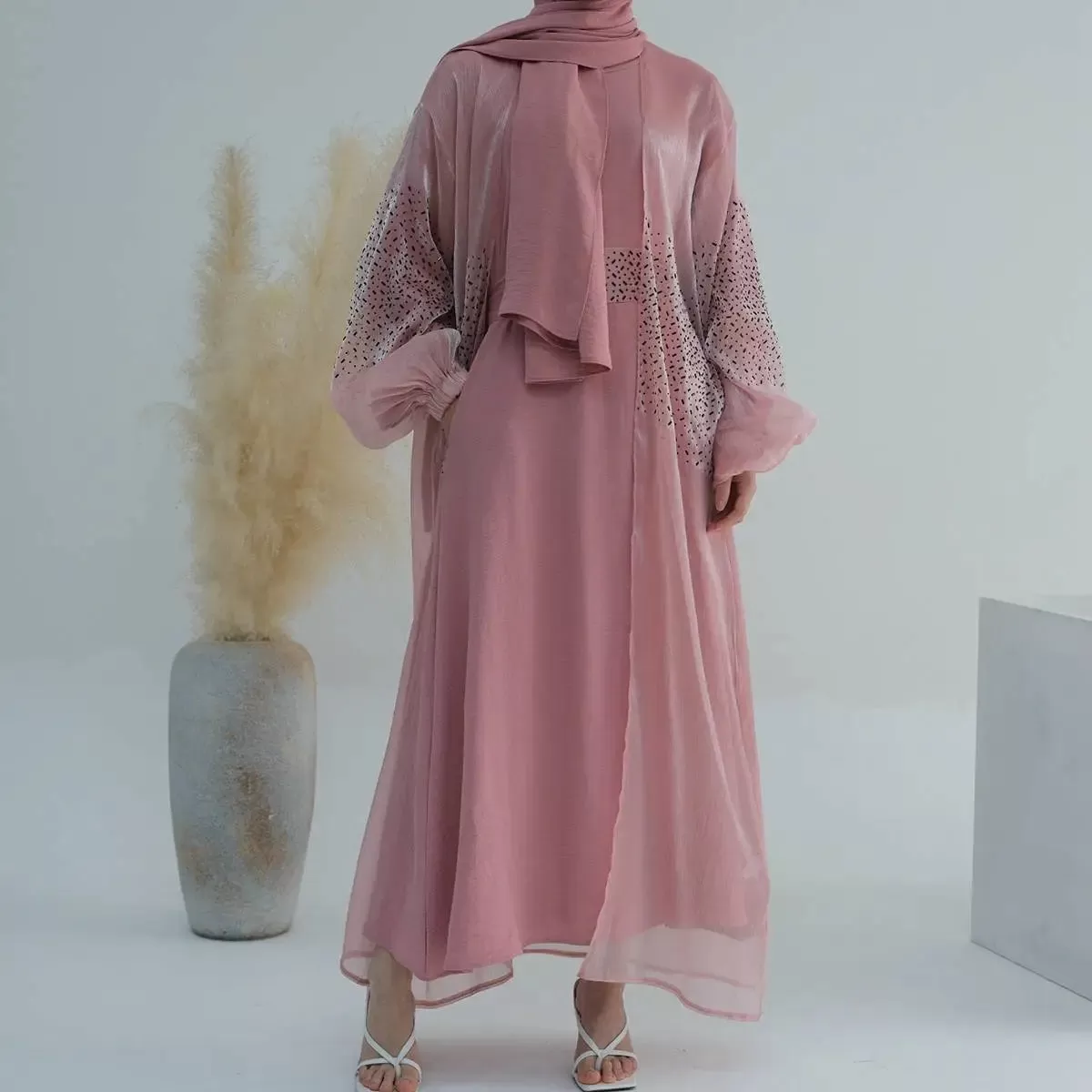 2 Pieces Set Bright Wrinkle Puff Sleeve Open Abaya Dress