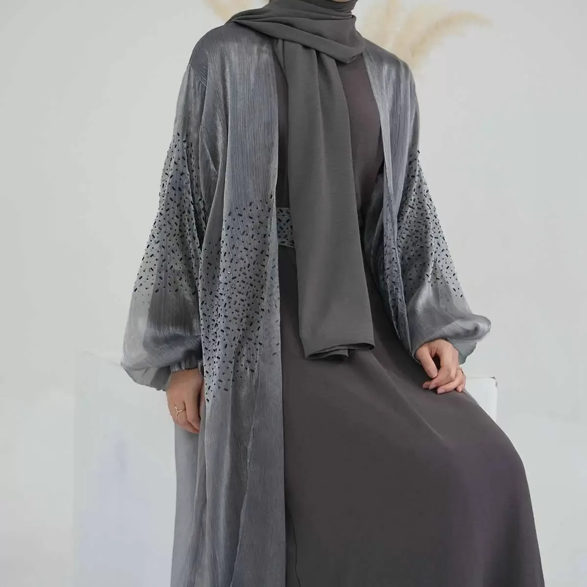 2 Pieces Set Bright Wrinkle Puff Sleeve Open Abaya Dress