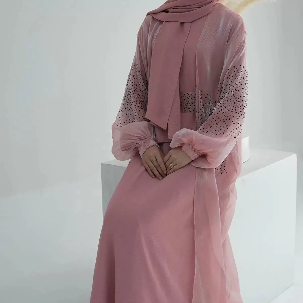 2 Pieces Set Bright Wrinkle Puff Sleeve Open Abaya Dress