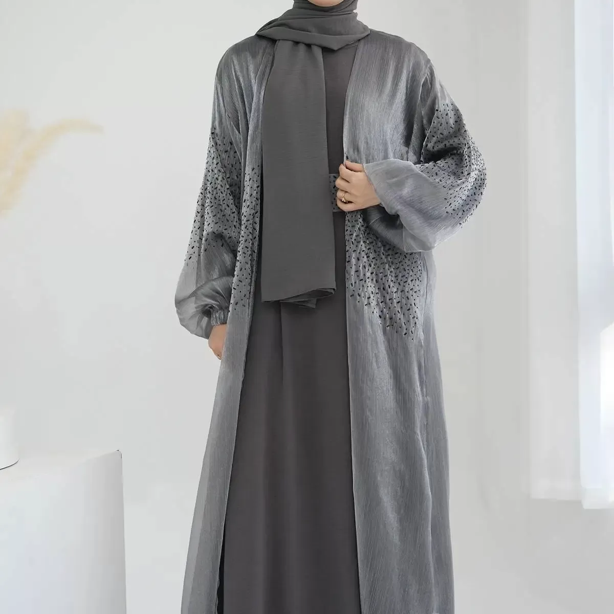 2 Pieces Set Bright Wrinkle Puff Sleeve Open Abaya Dress