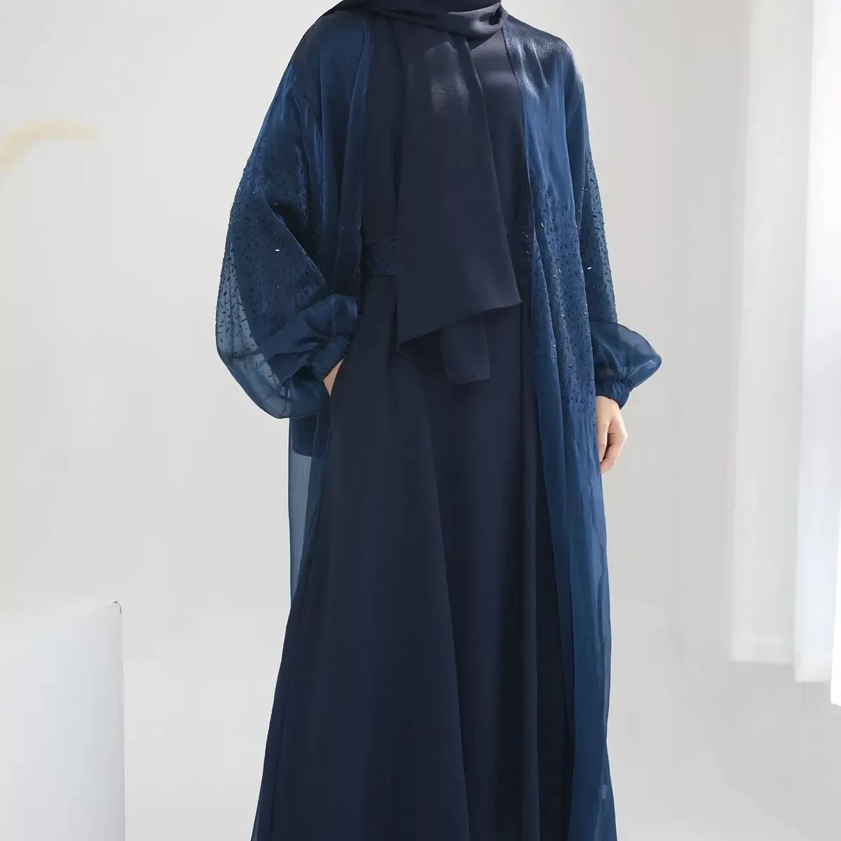 2 Pieces Set Bright Wrinkle Puff Sleeve Open Abaya Dress