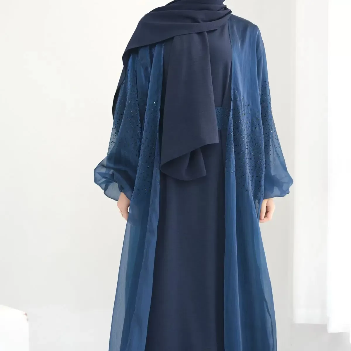 2 Pieces Set Bright Wrinkle Puff Sleeve Open Abaya Dress