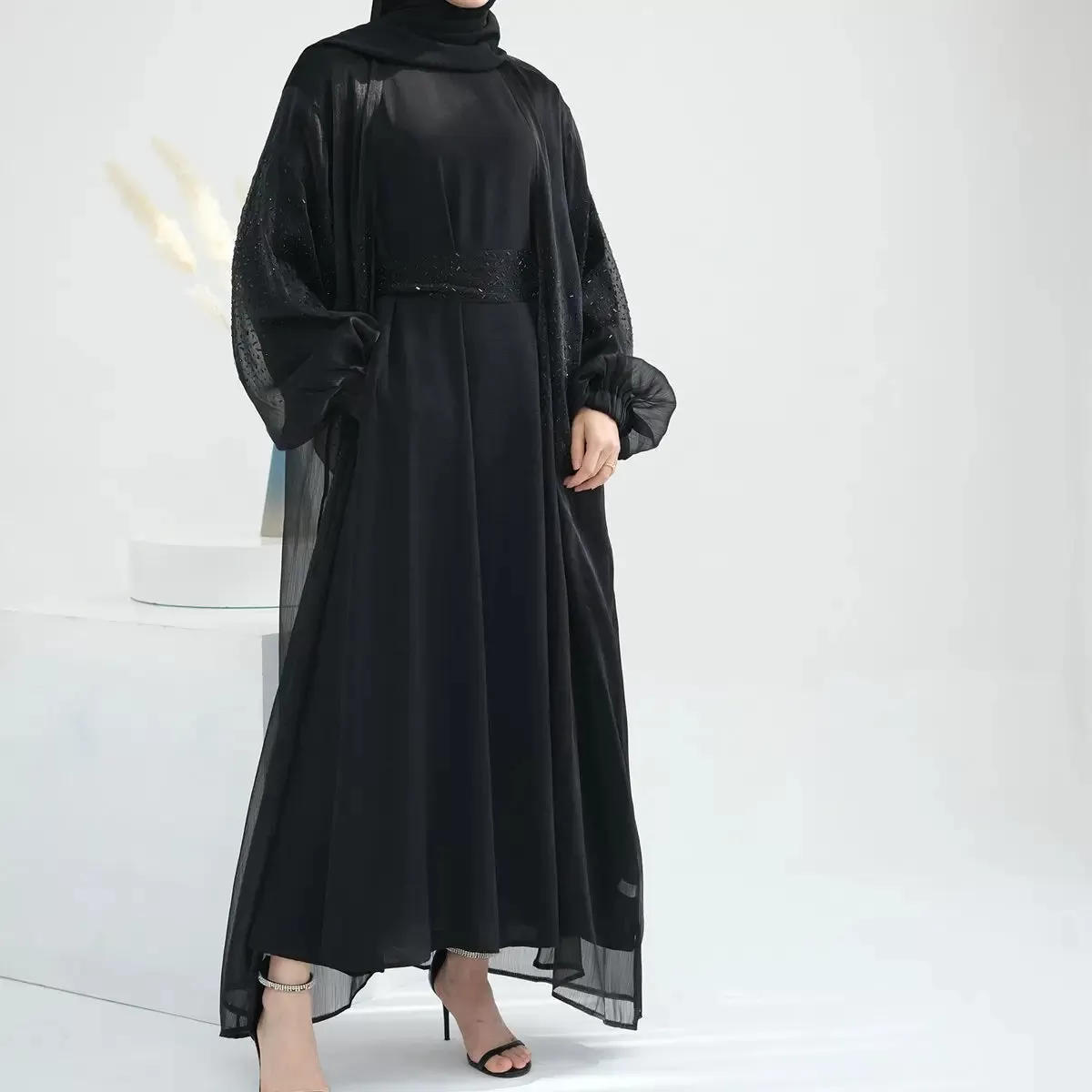 2 Pieces Set Bright Wrinkle Puff Sleeve Open Abaya Dress